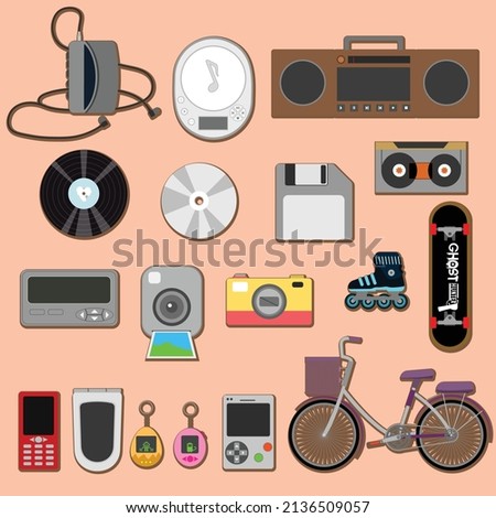 vector illustration set Electronic equipment items tools classic 90s bikes  pagers  game machines  CDs  tamagots cameras  cassette players  radios