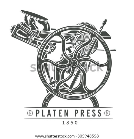 Platen press vector illustration. Old letterpress logo design. Vintage printing machine.