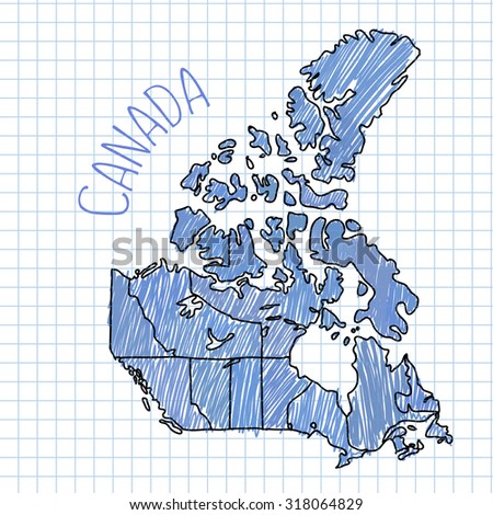 Blue pen hand drawn Canada map vector on paper illustration.