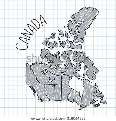 Grey and black pen hand drawn Canada map vector on paper illustration. Notebook plaid sheet