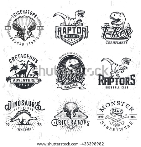 Set of Dino Logos. T-rex skull t-shirt illustration concept on grunge background. Raptors sport team insignia design. Vintage Jurassic Period badge