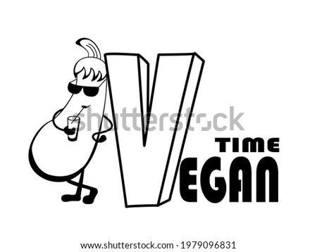 Vector black and white illustration of a cartoon eggplant in glasses with a glass of fresh juice with the inscription: vegan time. A call to vegan time.