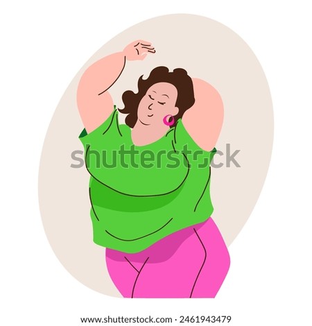 Body positivity concept. Pretty plump and happy woman in bright plus size clothes is dancing and enjoying her body. Love yourself vector illustration. .