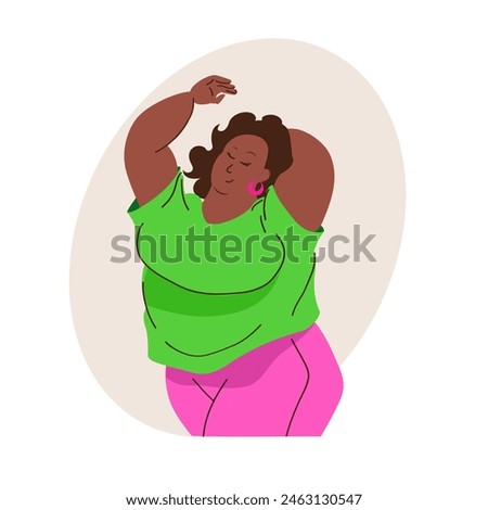 Body positivity concept. Pretty black plump and happy woman in bright plus size clothes is dancing and enjoying her body. Love yourself vector illustration. .