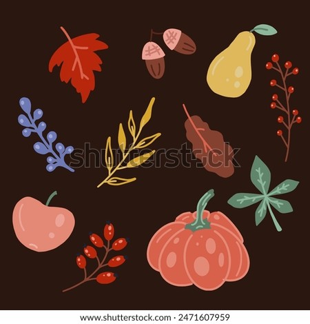 Cute doodle set of autumn elements with leaves, pumpkins, aple, pear, branch of a rose hip on black background. Suitable for children's goods. Vector illustration.