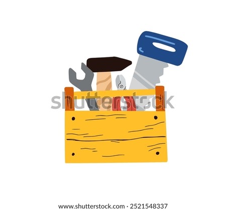 Cartoon illustration of a wooden toolbox with saw, wrench, hammer, pliers in cartoon style. Vector image for children's clothes, toys, etc.