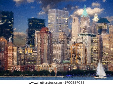 Beautiful Acrylic Painting of New York City Buildings. Watercolor Digital Drawing Cityscape Big City Downtown. Oil Painting on Canvas of New York Skyscapers American Town. Use for home decoration Art