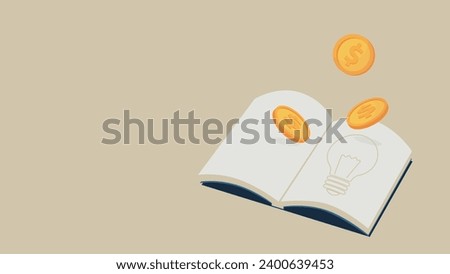 An image of gaining knowledge about money from books. A light bulb is drawn in the book. Some coins are flying above it.