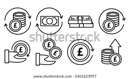 British pound lira earnings return icons set.