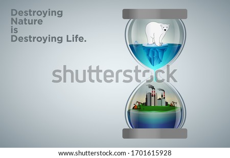 Polar bear standing on small melting iceberg on the top half of hourglass and water drops to the bottom half of hourglass where factory. Low polygonal polar bear sitting on ice on floating island.