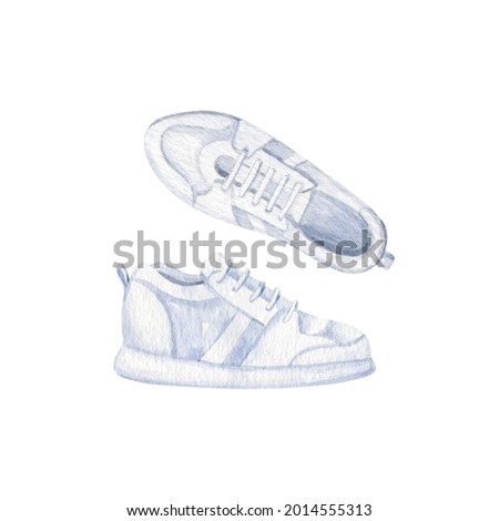 White sneakers isolated on white background. Hand drawn watercolor clipart, front and side view.