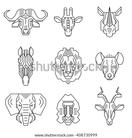 Savannah animals heads line icons on white background. Vector illustration.