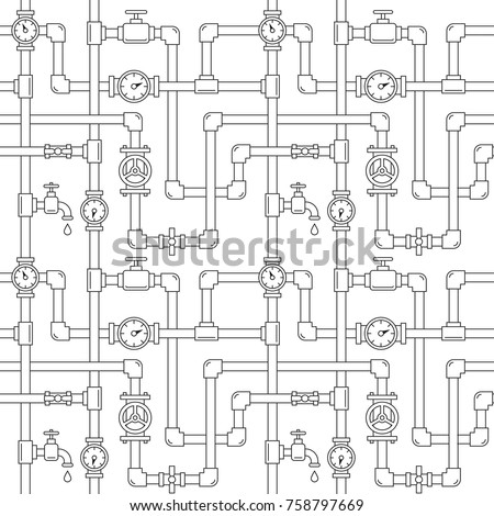 Seamless pattern with pipes, cranes and water meters. Linear illustration. White backdrop. Plumbing system illustration.