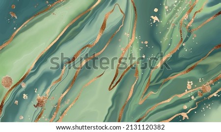 natural malachite marble texture with cast gold, vector, background, liquid abstract marble painting background print with gold glitter splatter texture.