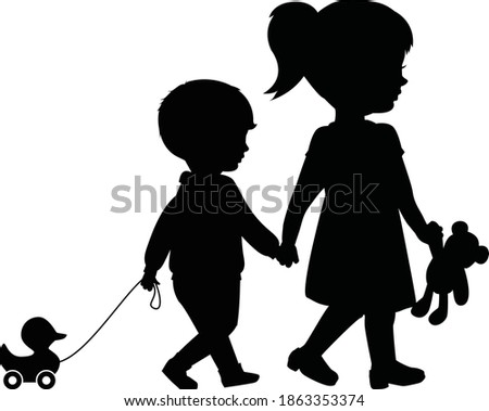 Big sister and little brother holding hands walking with duck and teddy bear