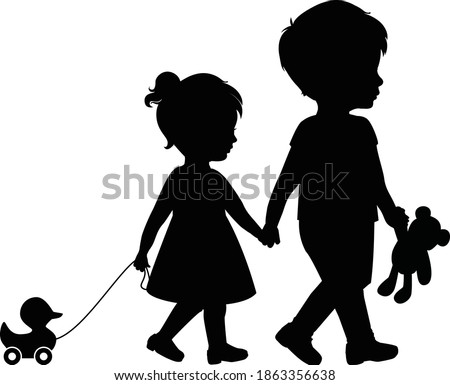 Big brother and little sister holding hands walking with duck and teddy bear