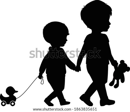 Big brother and little brother holding hands walking with duck and teddy bear