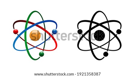 Three electrons rotate in orbits around the atomic nucleus. Symbol of science, education, nuclear physics, scientific research. Atomic icon Vector illustration
