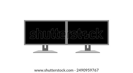 Icon of a dual monitors with a black screen (off state) of the same size. Landscape, horizontal, mockup, template, blank. Vector