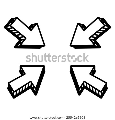 Set of arrows, doodles, pointing with shading. For posters, decoration, study notes, stickers, cursor, presentations. Vector