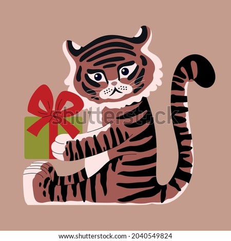 drawn cute tiger with a gift in its paws. vector flat illustration in modern style. year of the tiger 2022. children's style. for Christmas cards, posters, magnets
