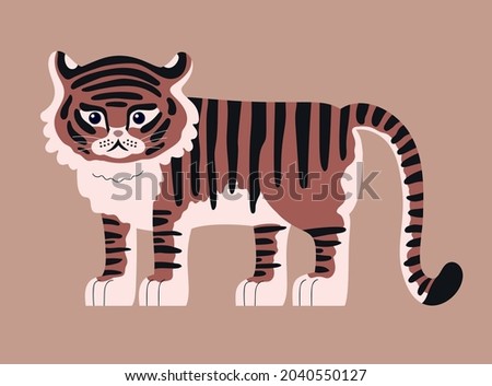 drawn cute tiger in modern style. vector flat illustration. year of the tiger 2022. children's style. for Christmas cards, posters, magnets
