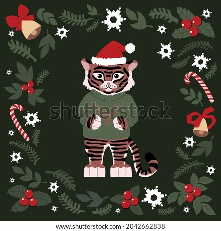 christmas set of drawn cute elements. tiger in a sweater with a deer and a Christmas hat, snowflakes, spruce, bells. year of the tiger 2022. for christmas cards, posters, magnets. flat illustration