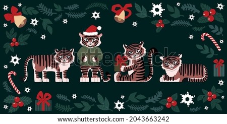 cute drawn tigers and christmas elements - fir branches, bells, lollipops, mistletoe, gifts, snowflakes, leaves. vector large set of objects isolated. year of the tiger 2022. for magnets or cards 