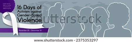 Long horizontal Banner for 16 Days of Activism against Gender-Based Violence with silhouettes of Women of different ethnic groups and white ribbon. Vector colorful illustration