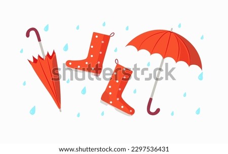 Set. Open umbrella , shoes, rubber boots and closed umbrella . Bright umbrella and raindrops. The rainy season.  Rainy weather. Flat style. Vector illustration, background isolated. 