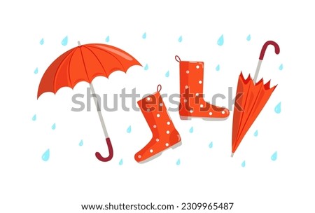 Set. Open umbrella , shoes, rubber boots and closed umbrella . Bright umbrella and raindrops. The rainy season.  Rainy weather. Flat style. Vector illustration, background isolated. 