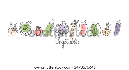 Set of vegetables, line art. Drawn icons, vitamin food. Natural vegetarian food. Healthy eating. Hand drawn text. Vector illustration, drawing, sketch.	