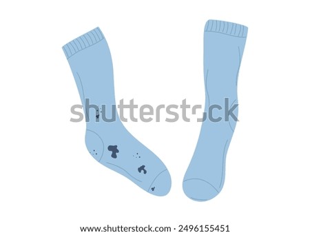 Socks. Dirty clothes with stains and clean clothes. Clothes stained with dirt and washed. Linen care, washing. Vector illustration isolated on white background.