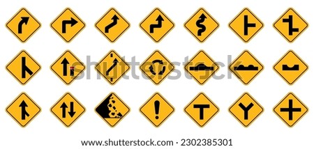Set of warning traffic signs vector. Prohibition and information yellow traffic signs. Road symbols.