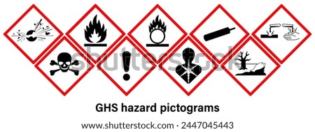 GHS hazard pictograms vector. Labelling of Chemicals. Explosive, Flammable, Oxidizing, Compressed Gas, Corrosive, Toxic, Harmful, Health hazard and Environmental hazard.