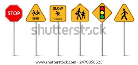 Set of school signs zone vector. Pedestrian. Road and Traffic signs. School zone warning symbol.