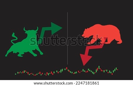 Bull or bullish run; Bear or bearish market trend in crypto currency or stocks. Trade exchange, green up or red down arrows graph. Global economy crash or boom. Vector illustration 