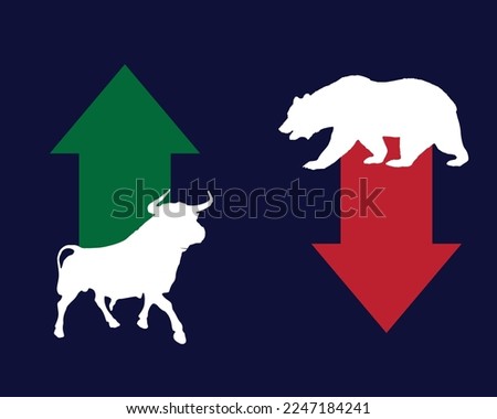 Bull or bullish run, Bear or bearish market trend in crypto currency or stocks. Trade exchange, green up or red down arrows graph Vector illustration 