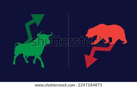 Bull or bullish run,Bear or bearish market trend in crypto currency or stocks. green up or red down arrows graph. Stock market price chart. Global economy crash or boom. Vector illustration 
