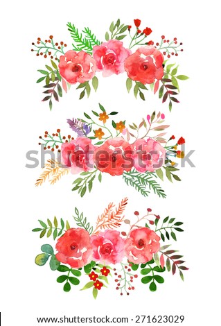 Vector flowers set. Colorful floral collection with leaves and flowers, drawing watercolor.Design for invitation, wedding or greeting cards