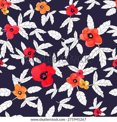 Vector illustration of floral seamless. Red and yellow isolated flowers, white foliage on a dark blue background. Flowers drawing watercolor.