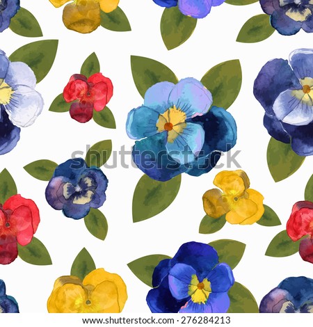 Vector illustration of floral seamless.Blue, red and yellow flowers on a white background, drawing watercolor.