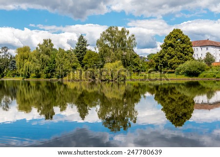 a house and trees reflection on water