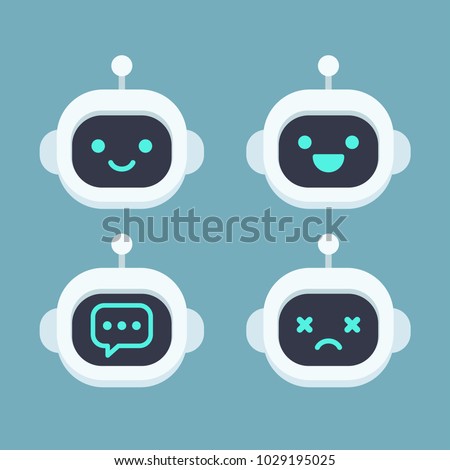 Cute robot head avatar set. Chat bot vector icon with different faces.