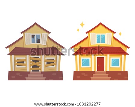 Fixer upper home renovation before and after. Old run-down house remodeled into cute traditional suburban cottage. Isolated vector illustration, flat cartoon style.