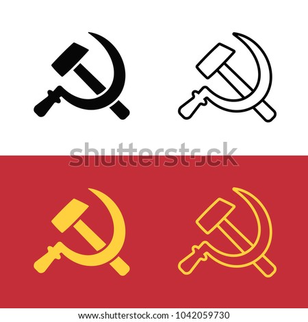 Soviet hammer and sickle icon set. Communist symbol from USSR flag. Line icon and silhouette vector clip art illustration.