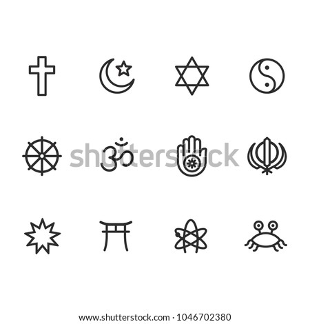 Icon set of religion symbols. Main world religious and atheist pictograms in simple modern line icon style. Vector illustration signs.