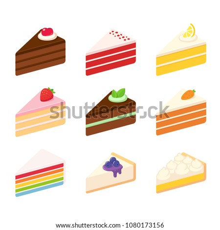 Different cake slices set. Layered sponge cakes with fruit and chocolate, cheesecake, pie. Isolated vector illustration.