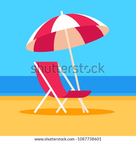 Summer vacation vector illustration. Beach scene with umbrella and beach chair, flat cartoon style.