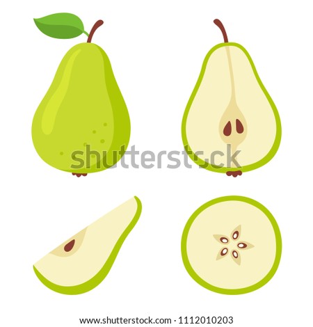 Green pear cartoon set. Cross section of cut pear and whole fruit, isolated vector illustration.